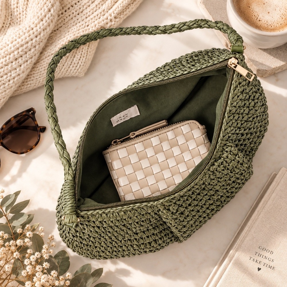 A New Day Women Olive Green Straw Crochet Shoulder Bag Baguette Zipper Closure - Picture 3 of 4